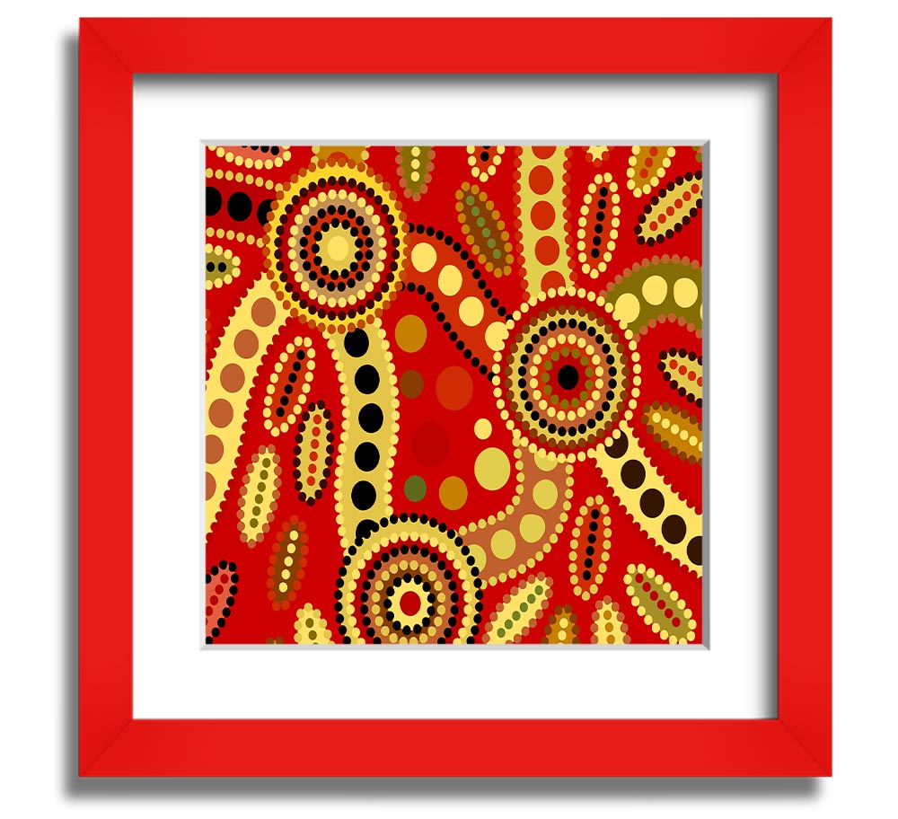 Aboriginal Red Tribal Square Framed Print showcasing vibrant red tribal designs in a stylish frame.